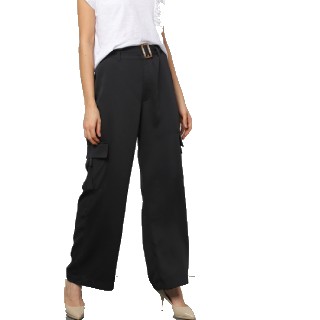 OUTRYT Women Wide-Leg Flat-Front Black Cargo Pants Rs.800